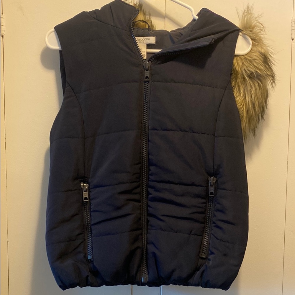 Liz Claiborne Navy Blue Puffer Vest with Faux Fur Trim